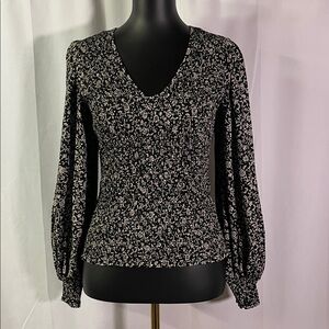 Witchery Black & Tan Floral Print Smocked Long Sleeve V-Neck Blouse